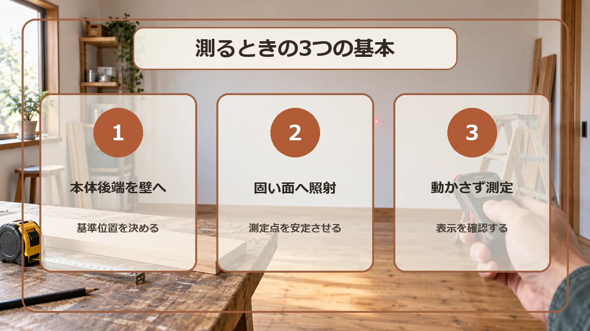 レーザー距離計の本体後端を壁へ当て、固い測定面に照射し、手ブレを抑えて測る手順の図解
