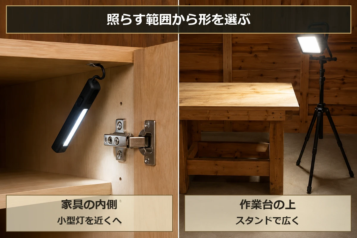 家具の内側には小型ライトを近づけ、作業台の上にはスタンド式で広く光を当てる選び分け