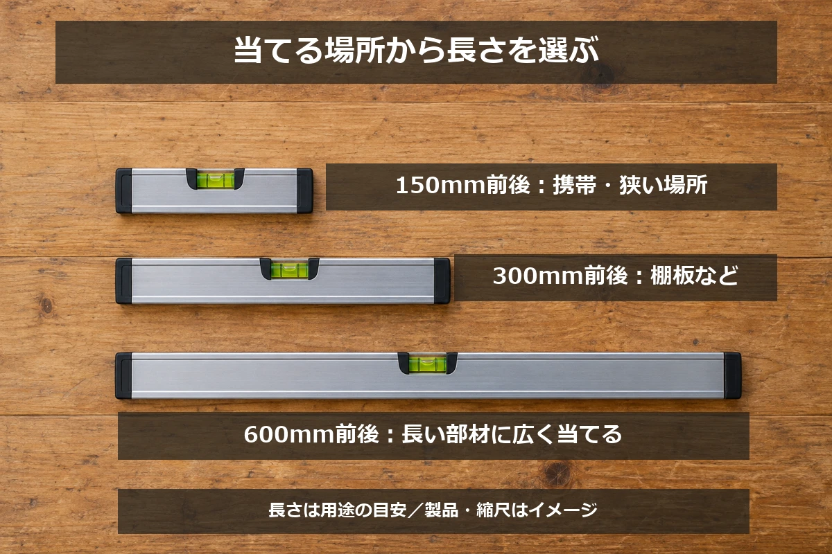 携帯用150mm、汎用300mm、長い部材用600mmの水平器を使う場所で選び分ける図解