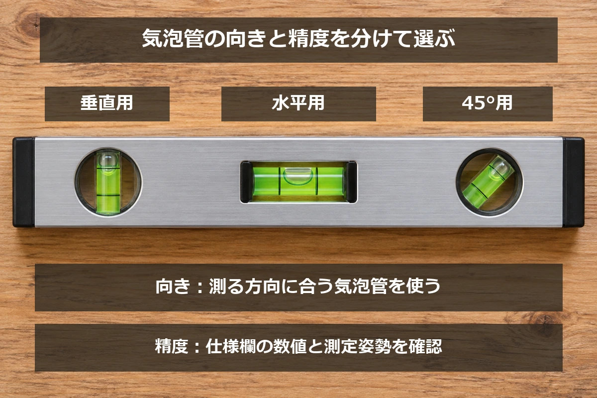 気泡管の向きは水平・垂直・45°の用途、精度は仕様欄で確認するという判断を分けた図解