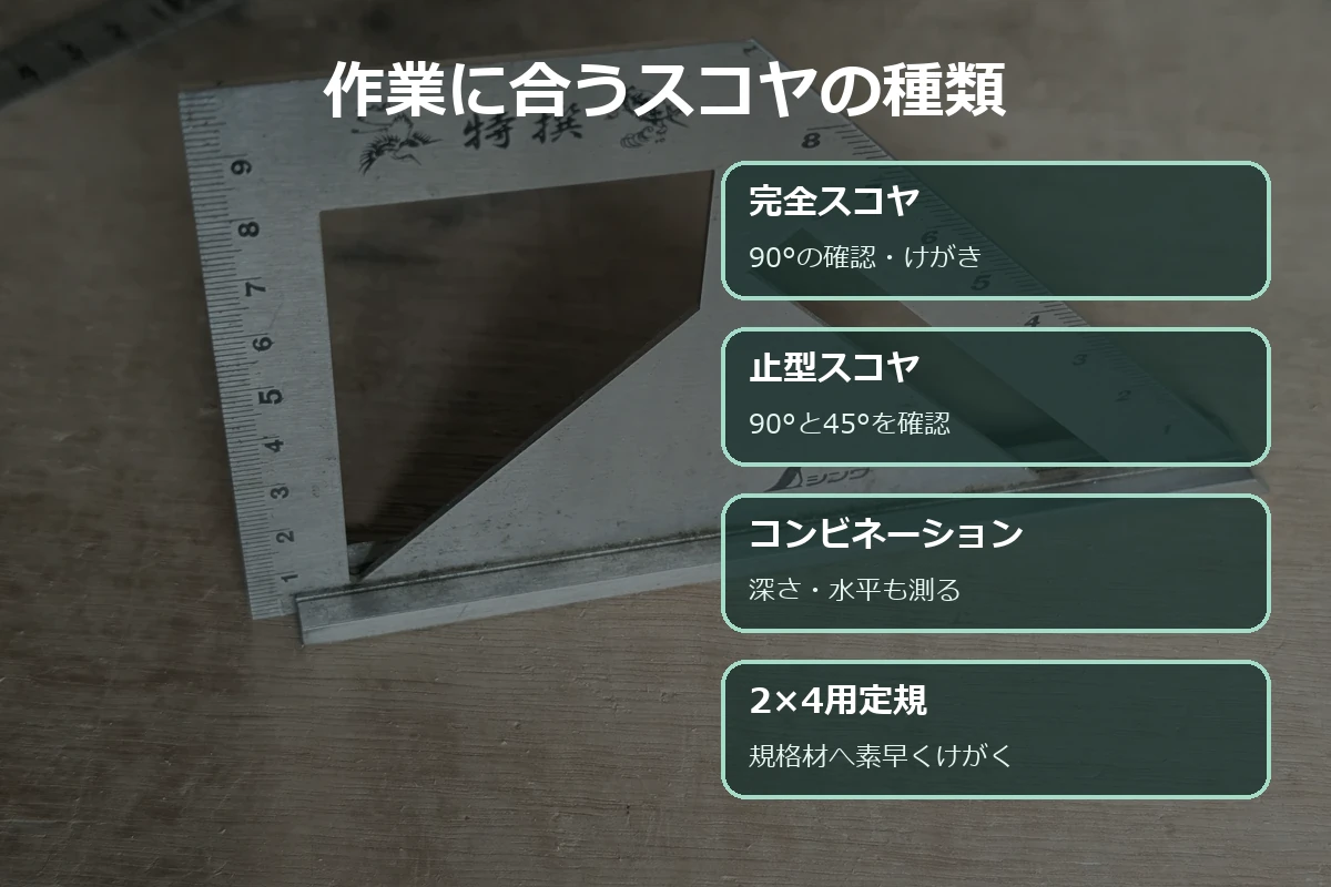 完全スコヤ・止型スコヤ・コンビネーションスコヤ・2×4用定規の用途比較図