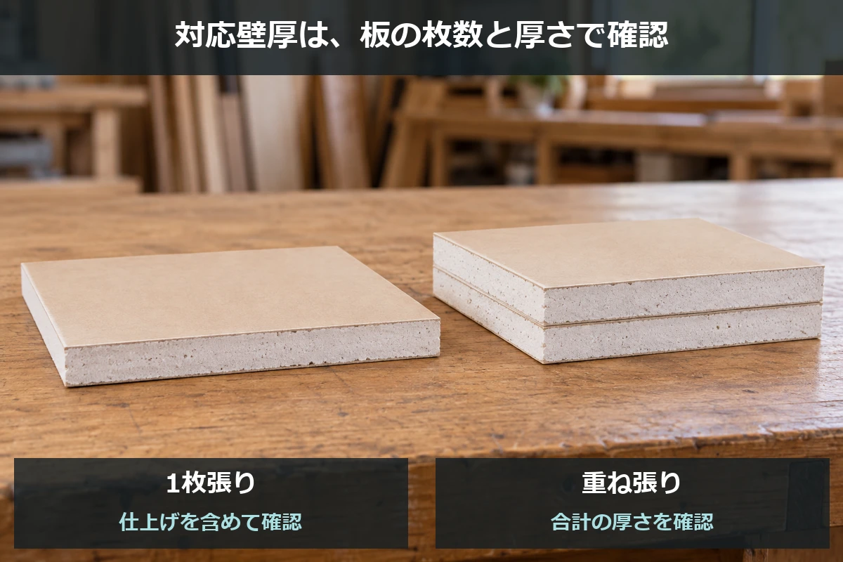 石膏ボード1枚と2枚重ねの模型を比較し、下地までの厚さと製品の対応壁厚を合わせる図解