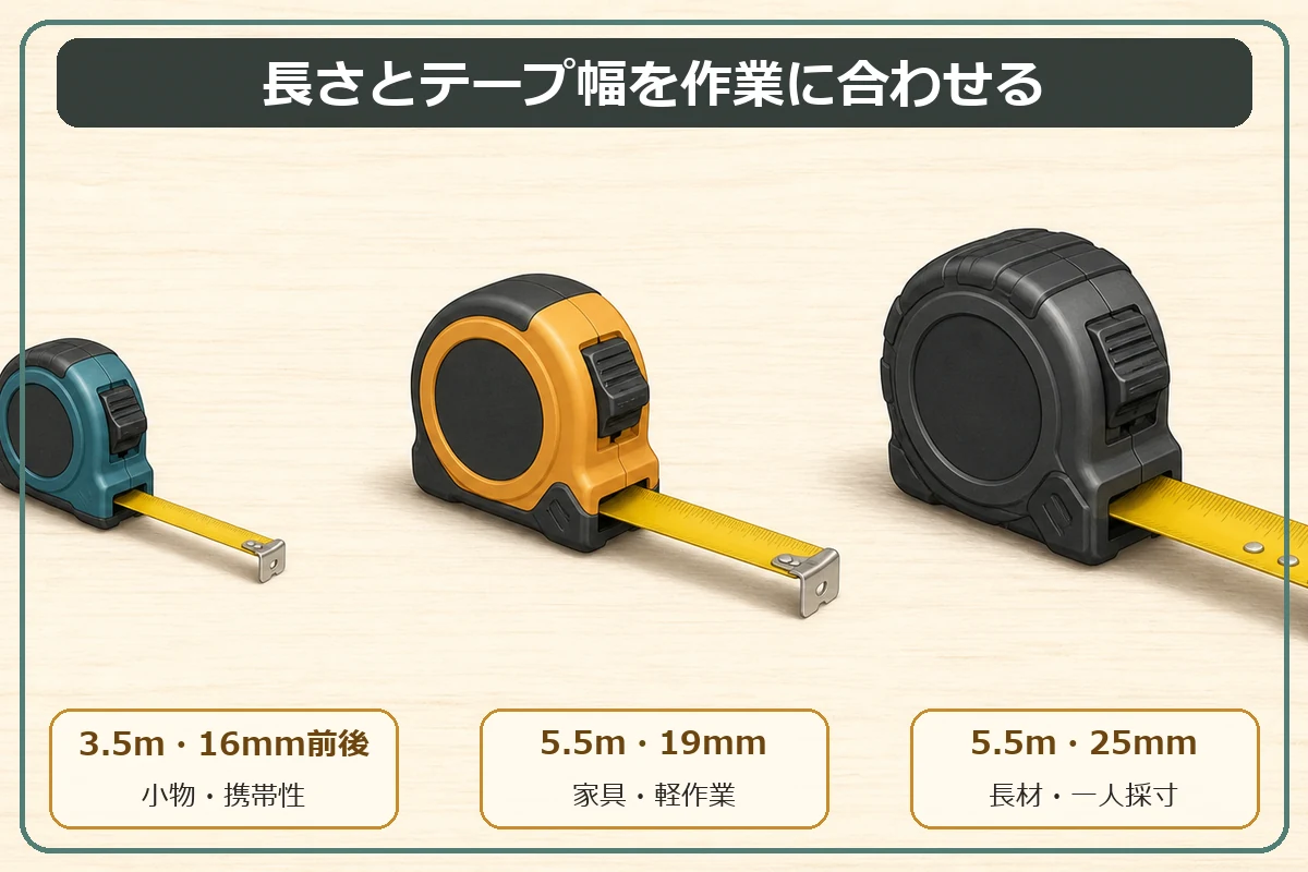 コンベックスを16mm・19mm・25mm幅の扱い方で比較した図解