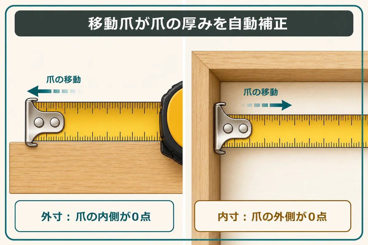 コンベックスの0点補正移動爪を外寸測定と内寸測定で使い分ける図解