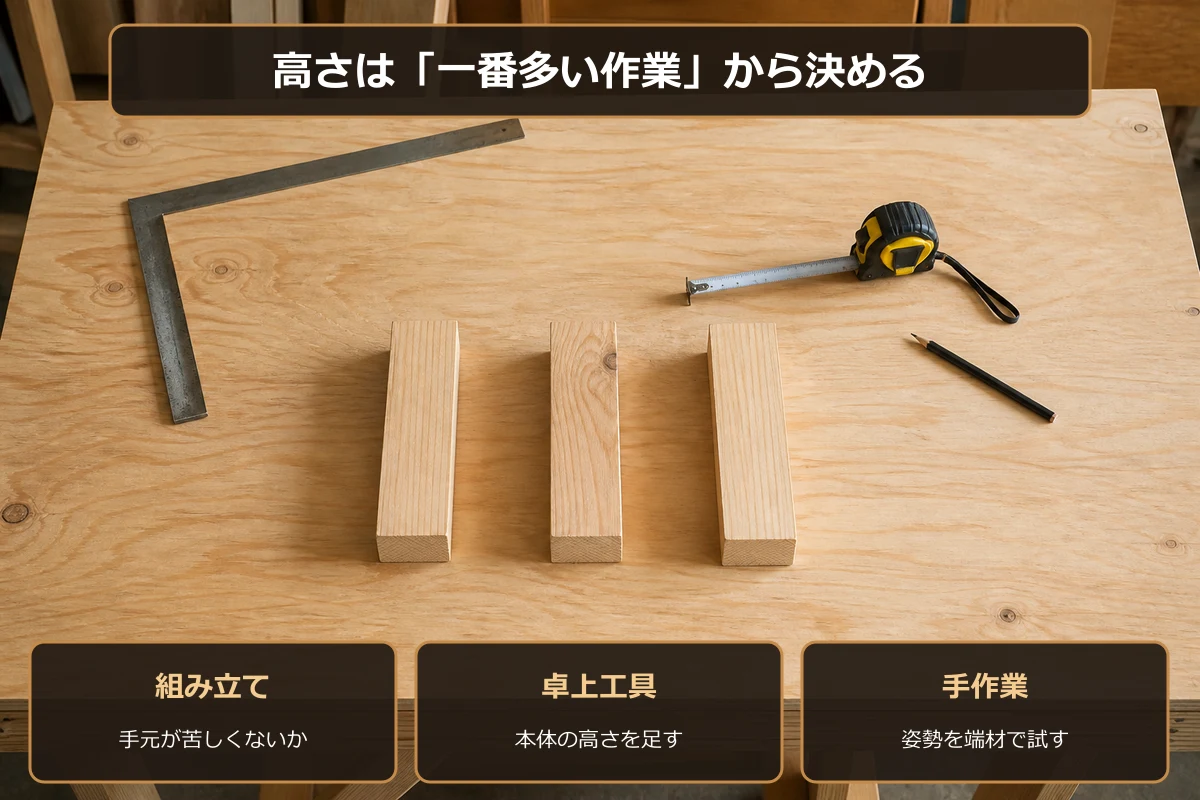 DIY作業台の高さを組み立て、卓上工具、手作業の3つから決める図解