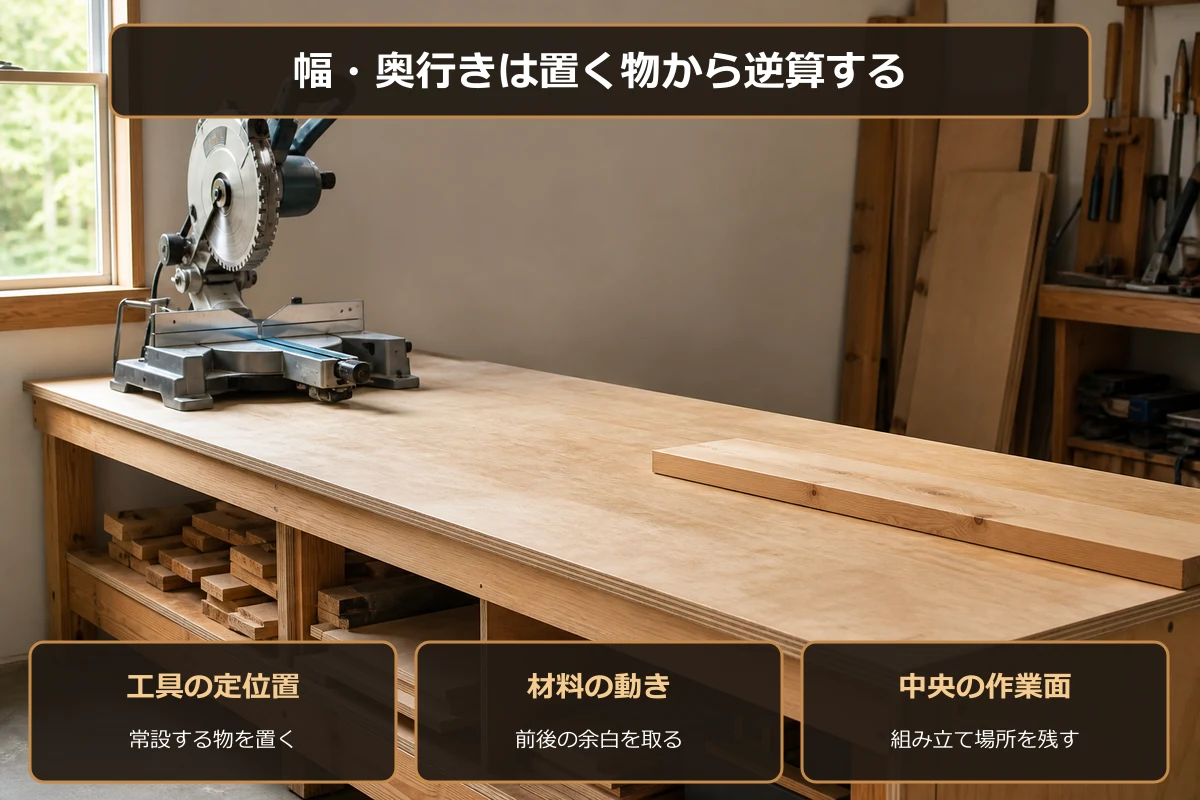 作業台の幅と奥行きを工具の定位置、材料の動き、中央の作業面から決める図解