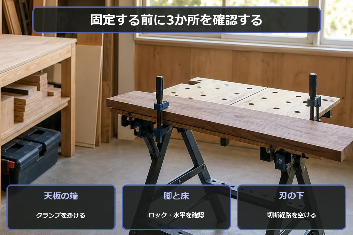 作業台の天板端、脚と床、刃の下を確認する図解