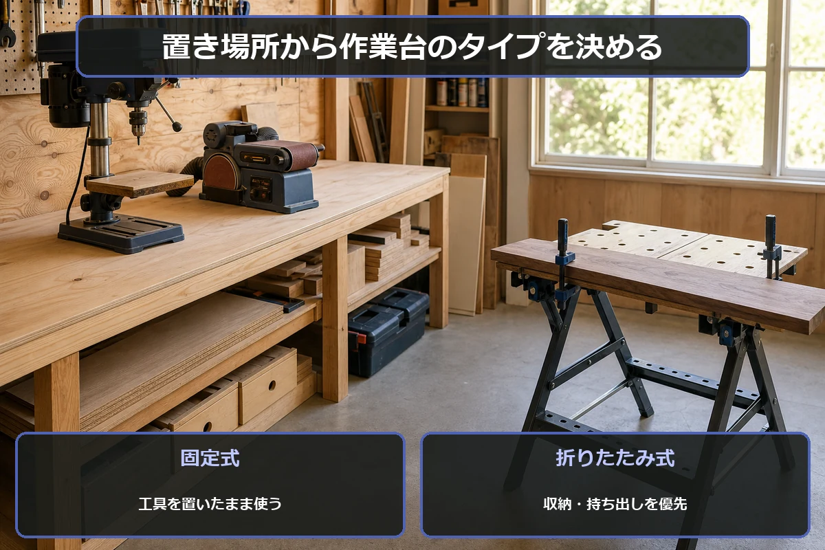固定式と折りたたみ式の作業台を置き場所から選ぶ図解