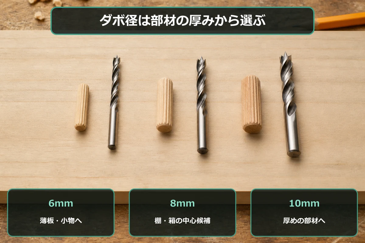 6mm・8mm・10mmの丸ダボと木工用ビットを、薄い部材・標準的なDIY・厚い部材で選び分ける図解