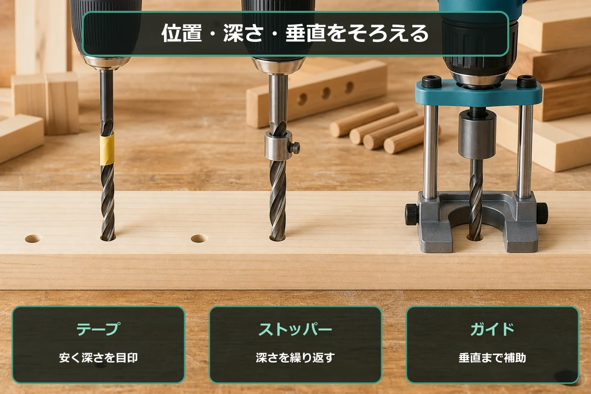 マスキングテープ、ドリルストッパー、ドリルガイドでダボ穴の深さと垂直を管理する図解