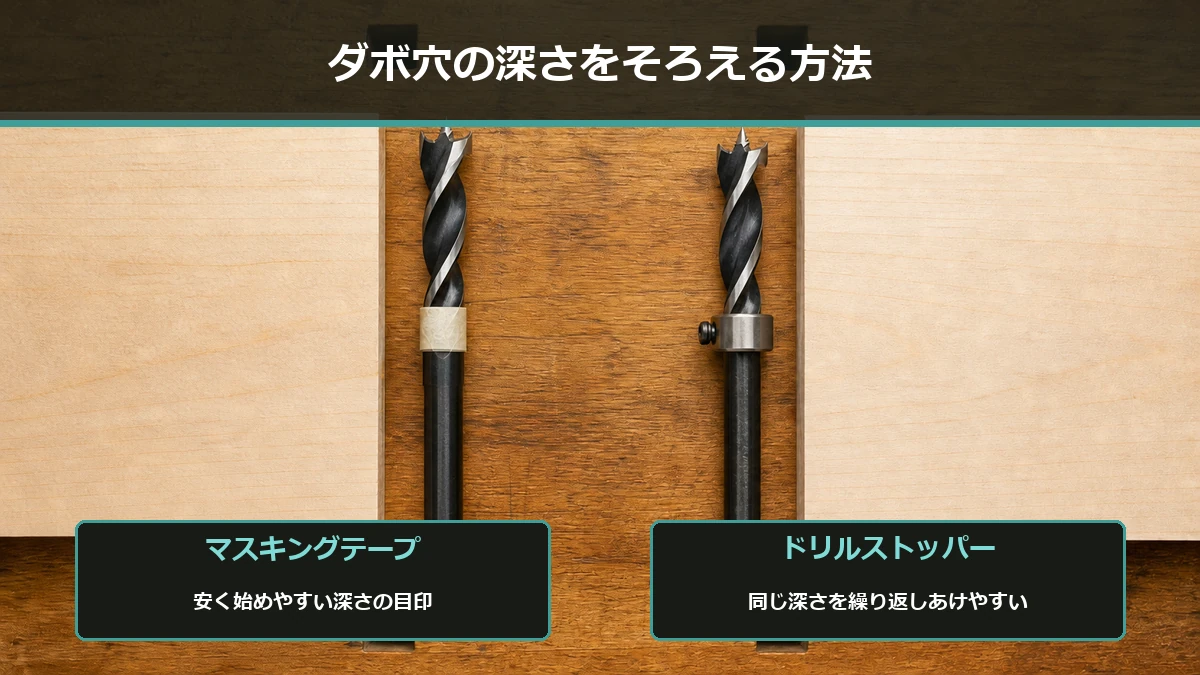 ダボ穴の深さをマスキングテープとドリルストッパーでそろえる方法を比較した図解