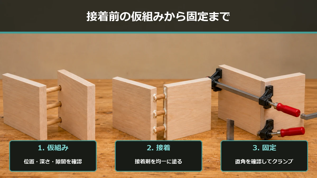 ダボ接合を仮組み、接着、クランプ固定の順に進める図解