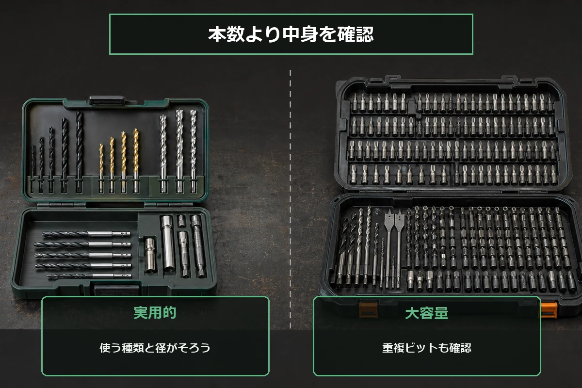 使うドリル径がそろう実用的なセットと、重複するドライバービットが多い大容量セットの比較図