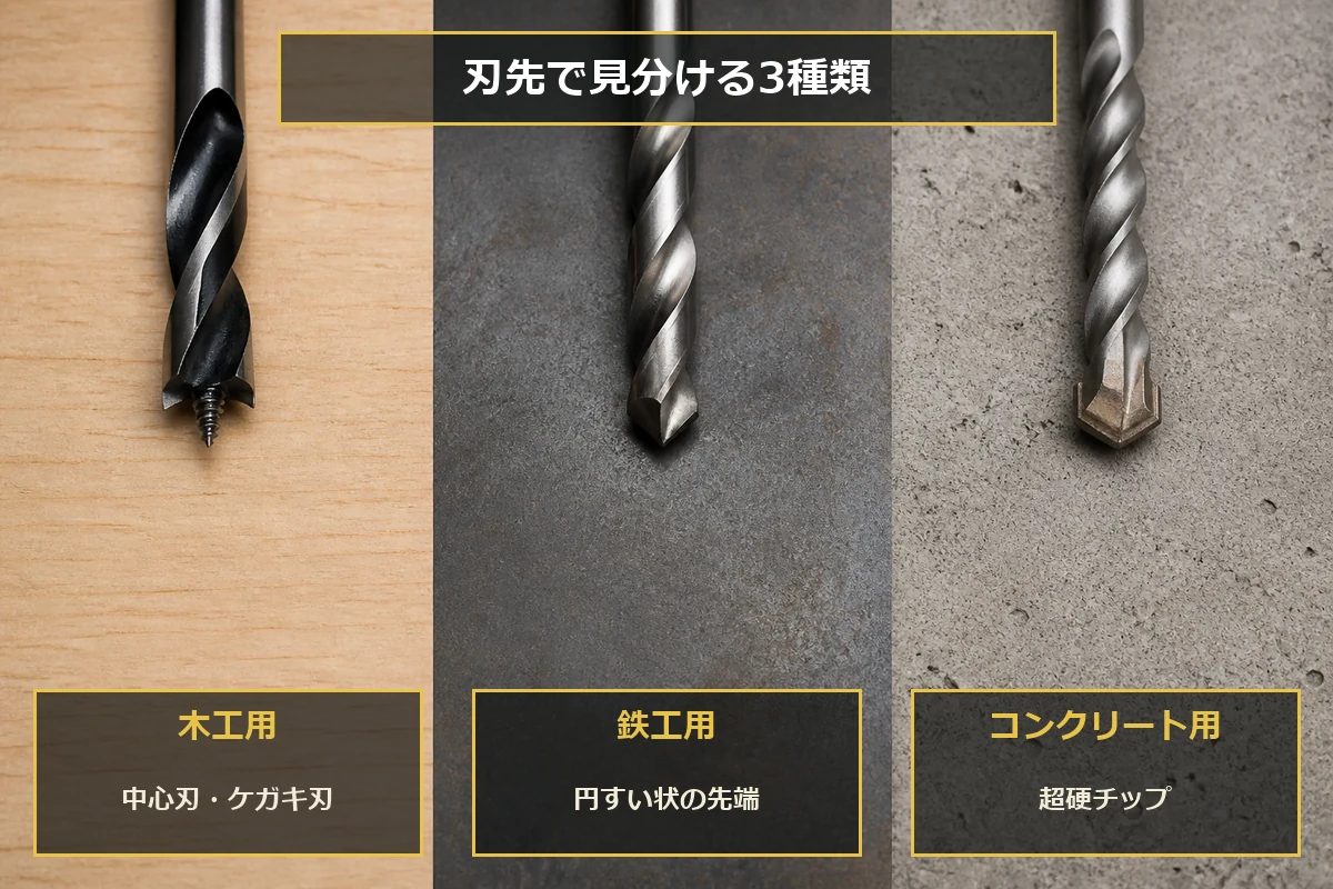 木工用は中心刃とケガキ刃、鉄工用は円すい状の先端、コンクリート用は超硬チップで見分ける図解