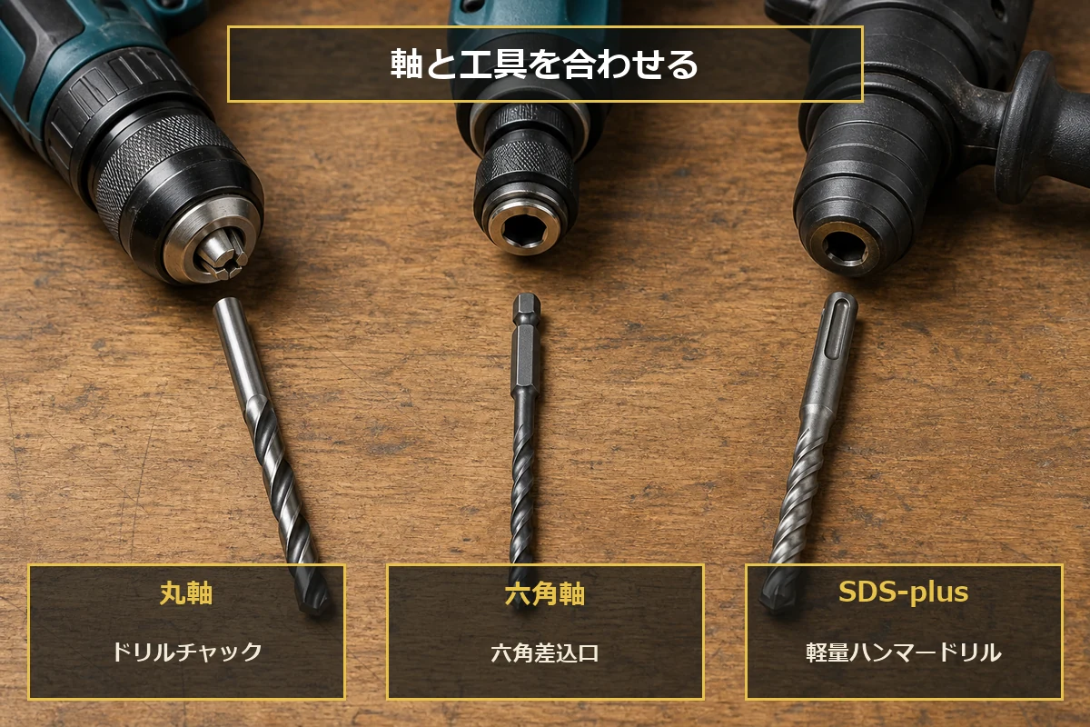 丸軸はドリルチャック、六角軸は六角差込口、SDS-plusは軽量ハンマードリルに合わせる図解