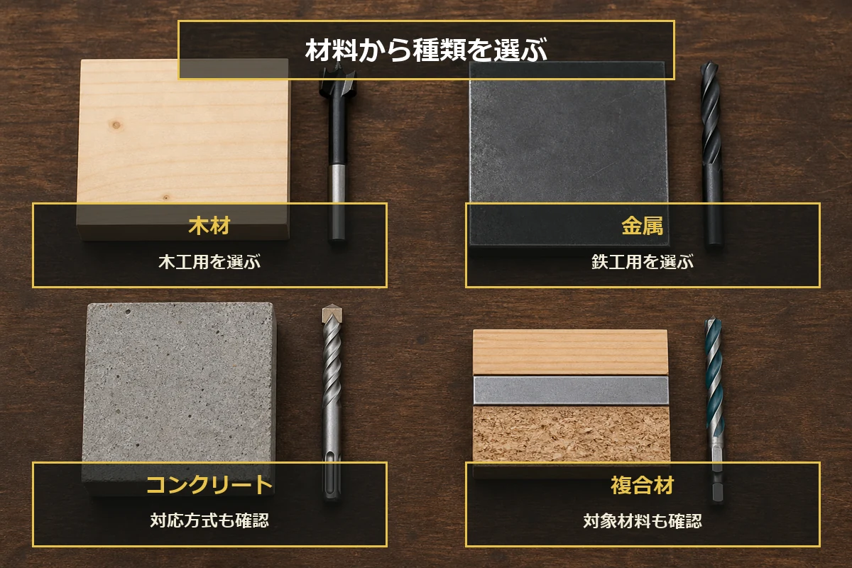 木材は木工用、金属は鉄工用、コンクリートは対応工具を確認し、複合材はマルチ材用の表示を見る選択図解