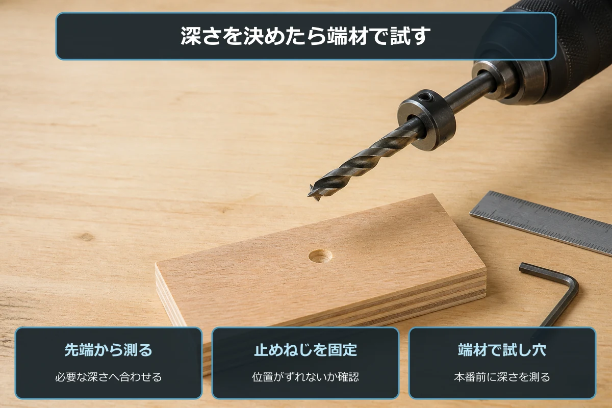 ビット先端から穴あけ深さを測り、端材で試し穴をあけるドリルストッパーの使い方の図解