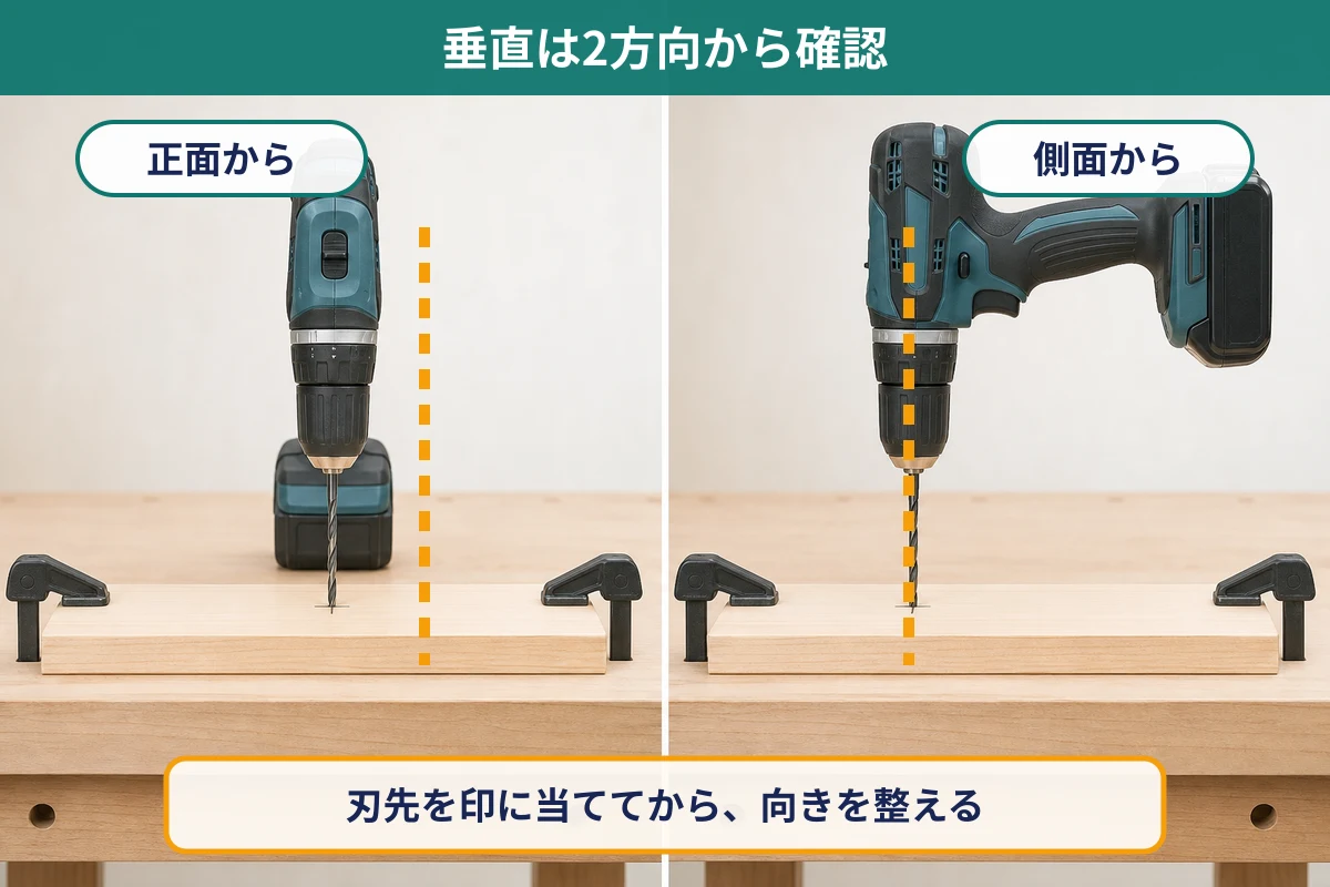 ドリルの垂直を正面と側面の2方向から確認する方法を示した図解