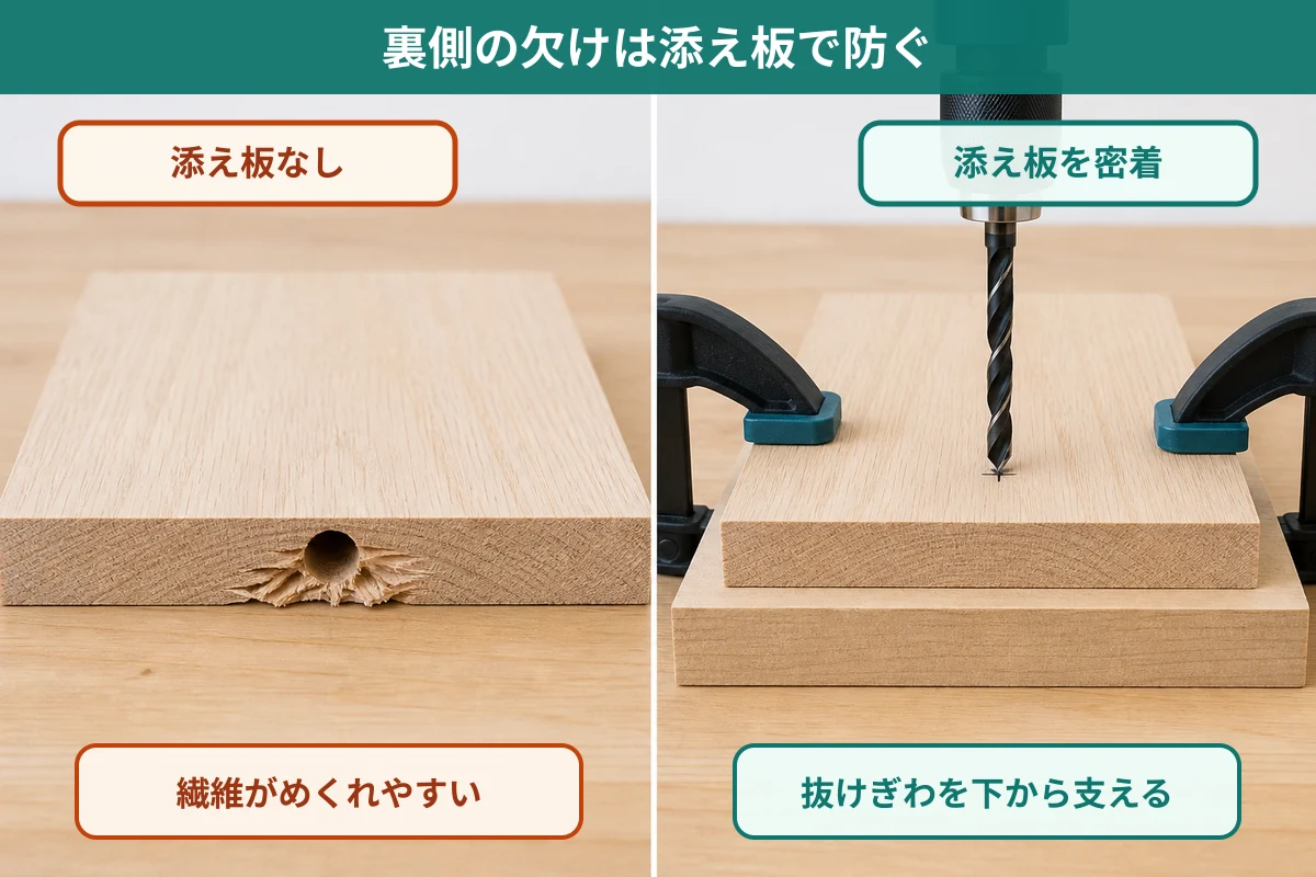 木材の裏側の欠けを、密着させた添え板で防ぐ方法を示した図解