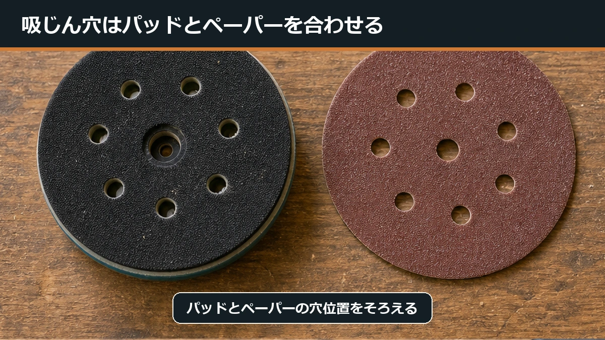 サンダーのパッドとペーパーの吸じん穴を合わせるポイントの図解
