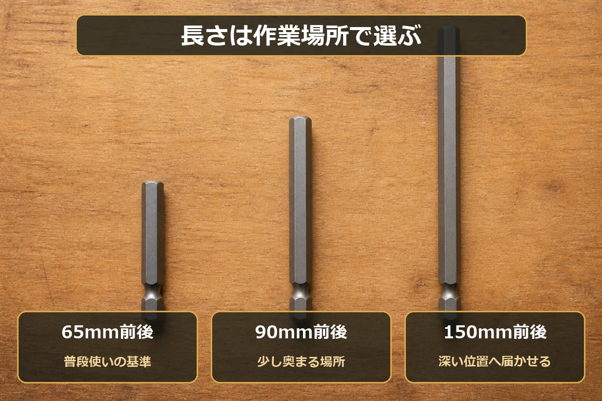 六角ビットの65mmと90mmと150mmを作業場所で選び分ける図解