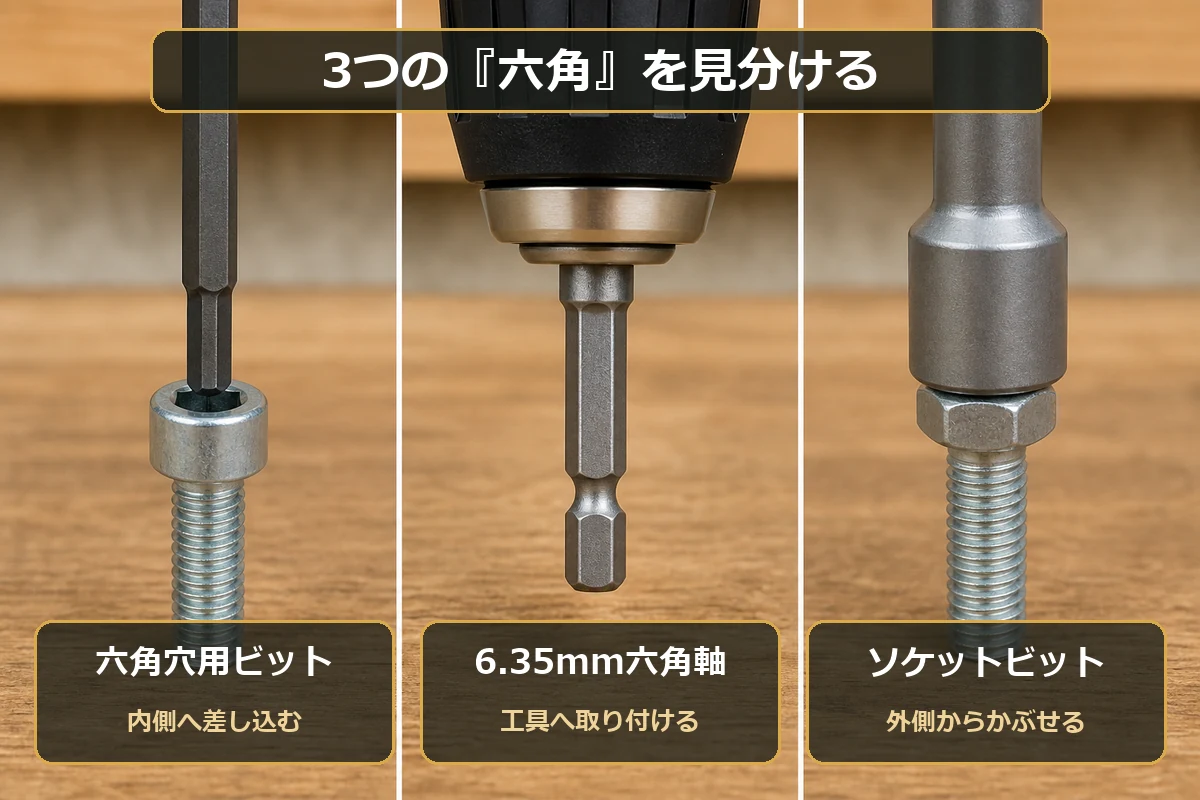 六角穴用ヘックスビットと6.35mm六角軸とソケットビットの違いを示す図解