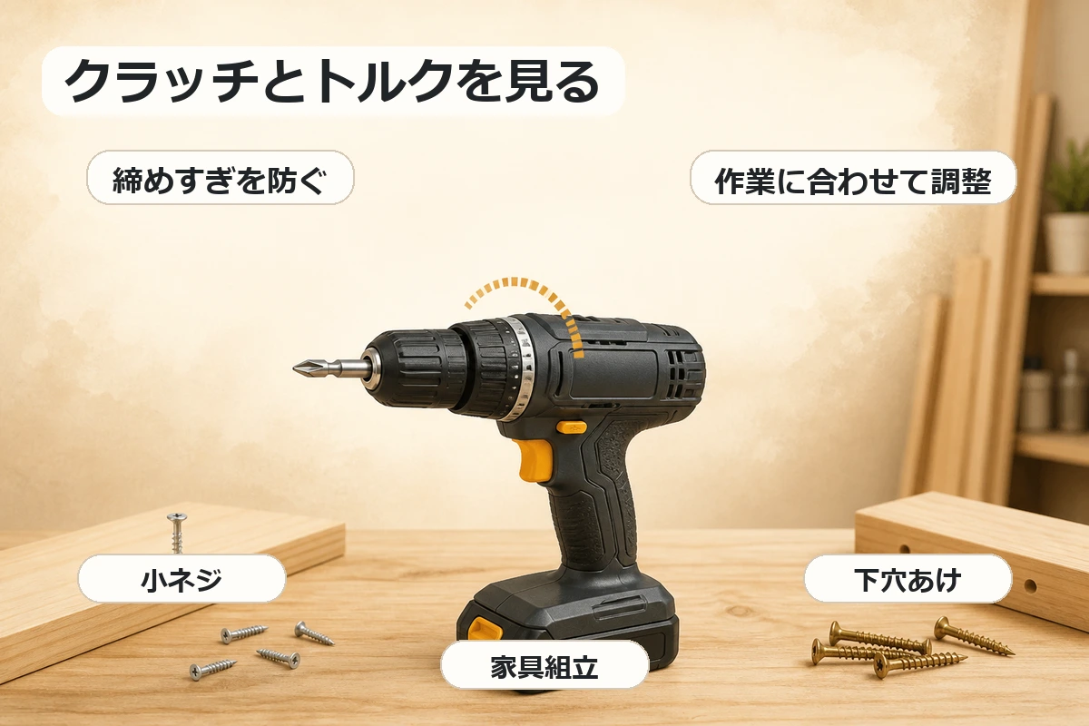 14.4V電動ドライバーでクラッチとトルクを確認する図解