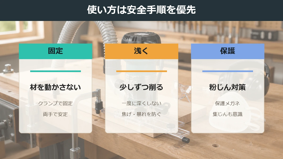 電動トリマーを安全に使うための材料固定・浅く削る・集じんを示した図解