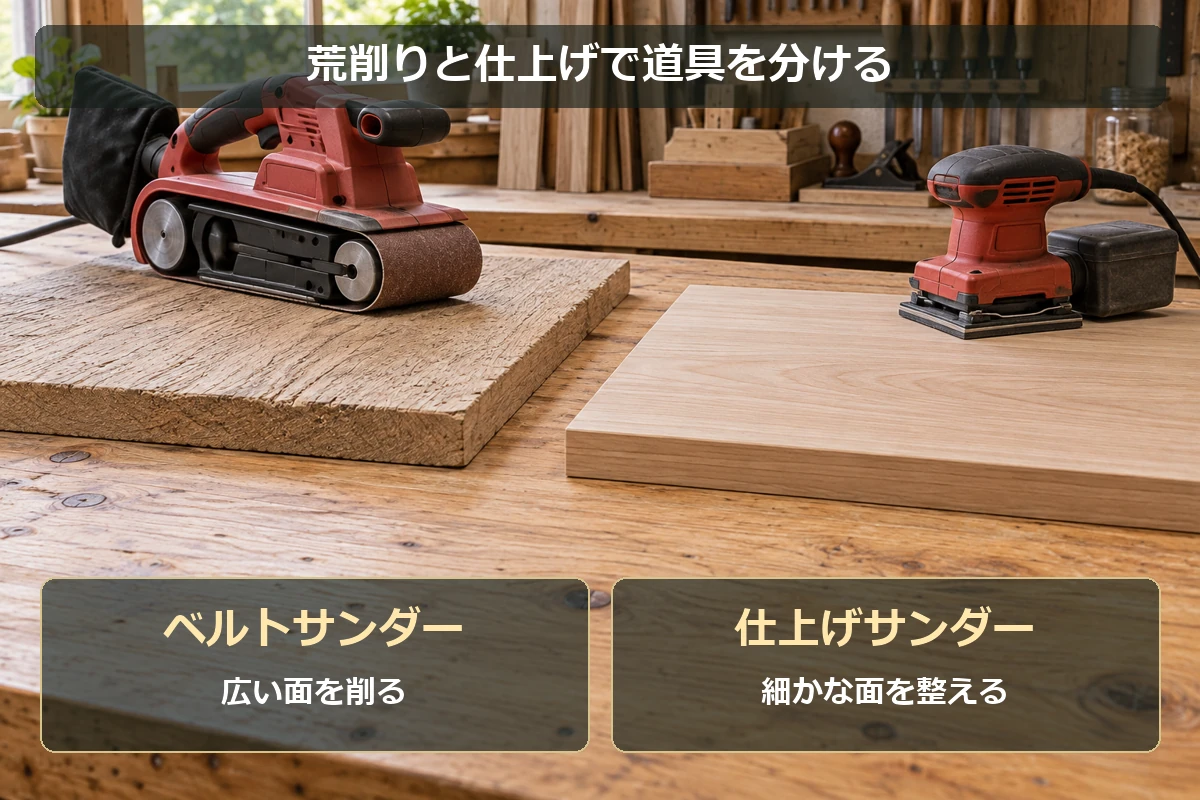 板の面を削るベルトサンダーと、仕上げに使うサンダーの役割分担