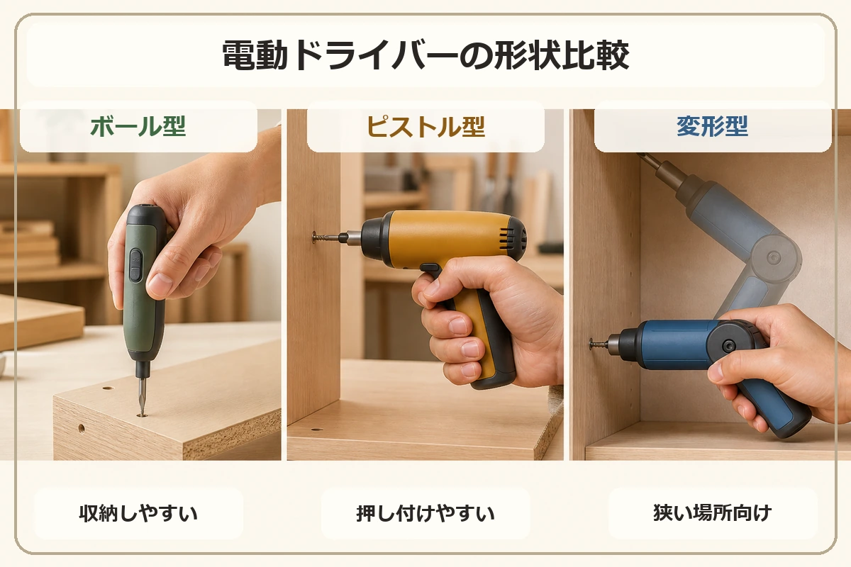 ボール型・ピストル型・変形型の電動ドライバーの形状の違いを示した図解