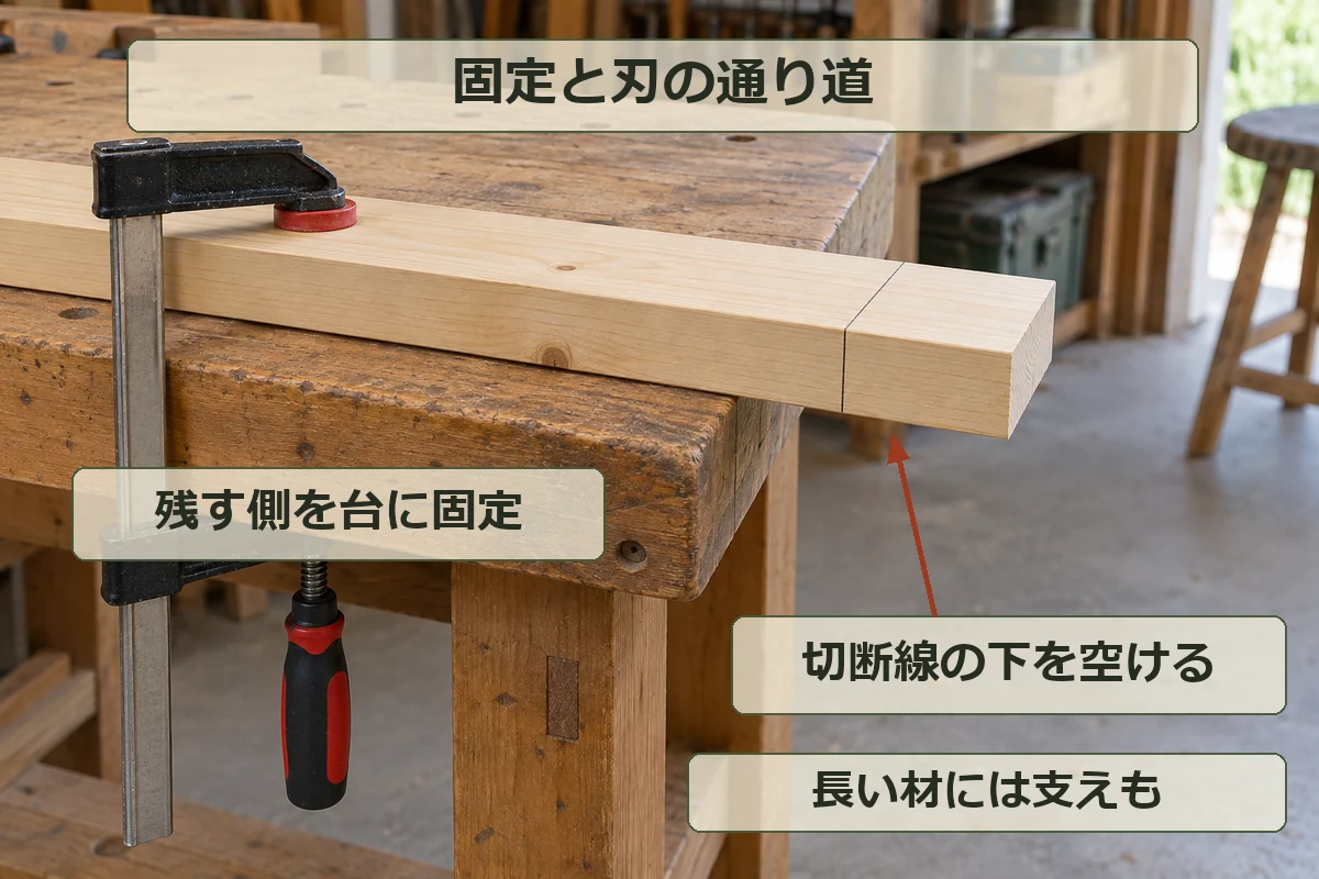 クランプで残す側を作業台に固定し、切断線の下に刃が通る空間を取った準備の図解