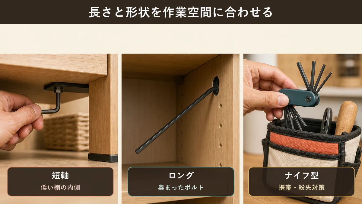 低い棚に短軸、奥まったボルトにロング、携帯にナイフ型の六角レンチを使い分ける図解