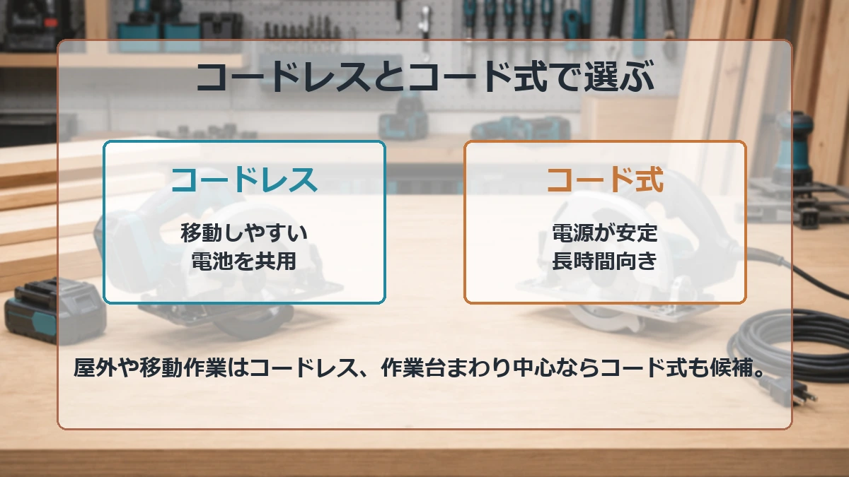 ハイコーキ丸ノコをコードレスとコード式で選び分ける図解