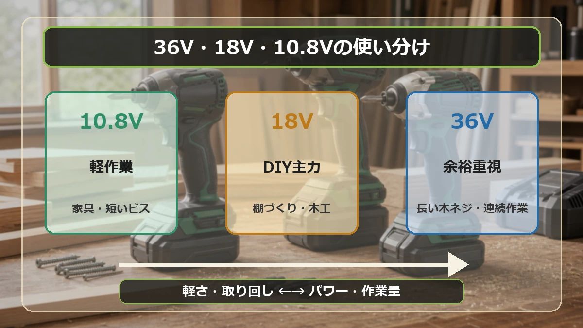 ハイコーキの36V・18V・10.8Vインパクトドライバーの使い分け図解