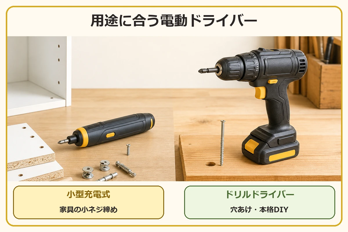 家具の小ネジ締めには小型充電式、穴あけや本格DIYにはドリルドライバーが向くことを示す図解