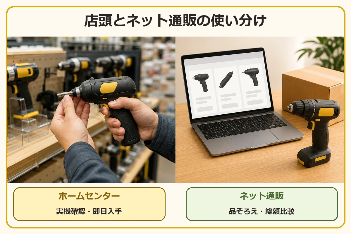 ホームセンターは実機確認と即日入手、ネット通販は品ぞろえと総額比較に向くことを示す図解