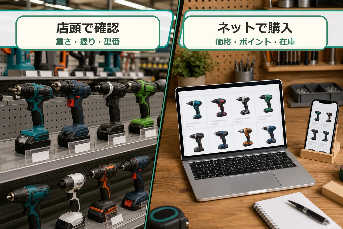 ホームセンターでは重さや握りや型番を確認し、ネットでは価格やポイントや在庫を比較する流れを示す図解