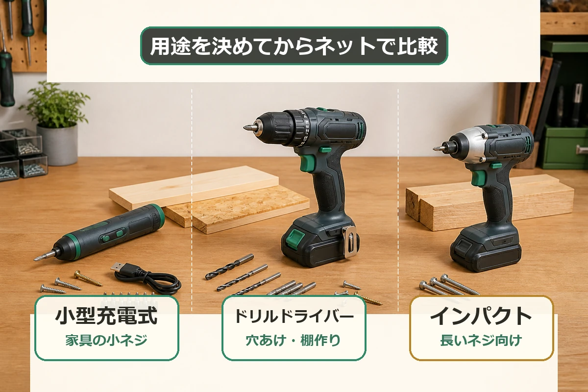 小型充電式は家具の小ネジ、ドリルドライバーは穴あけや棚作り、インパクトは長いネジ向けと示す図解