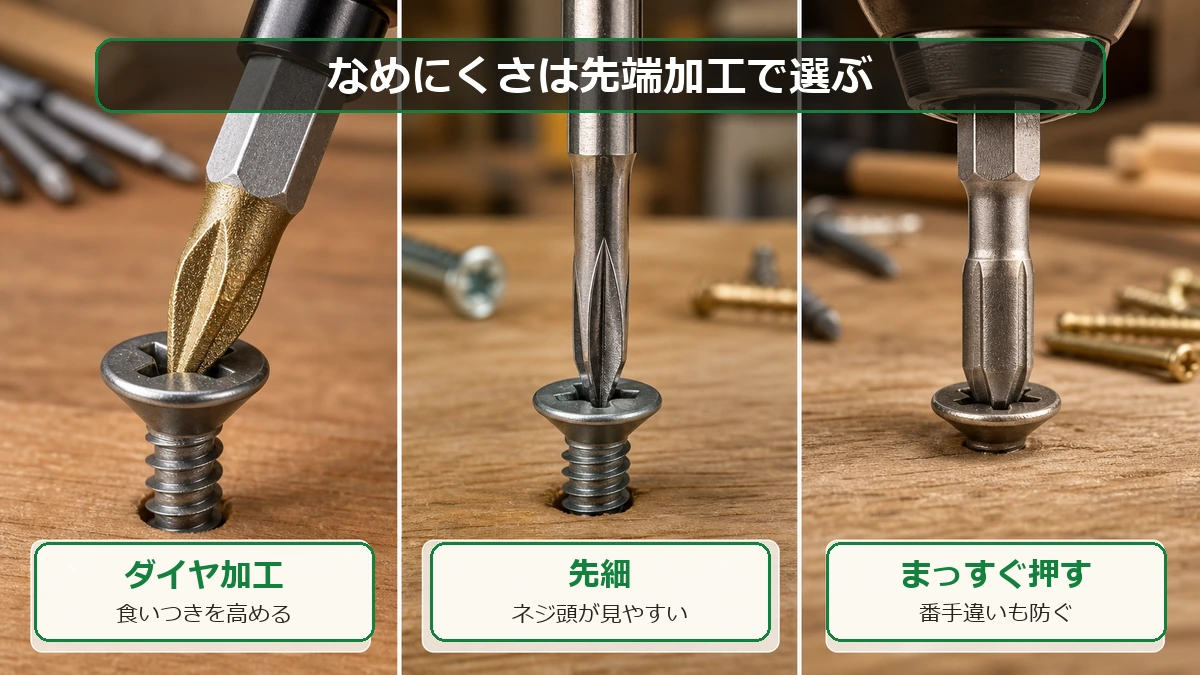 なめにくいインパクト用ビットは先端加工で選ぶ図解
