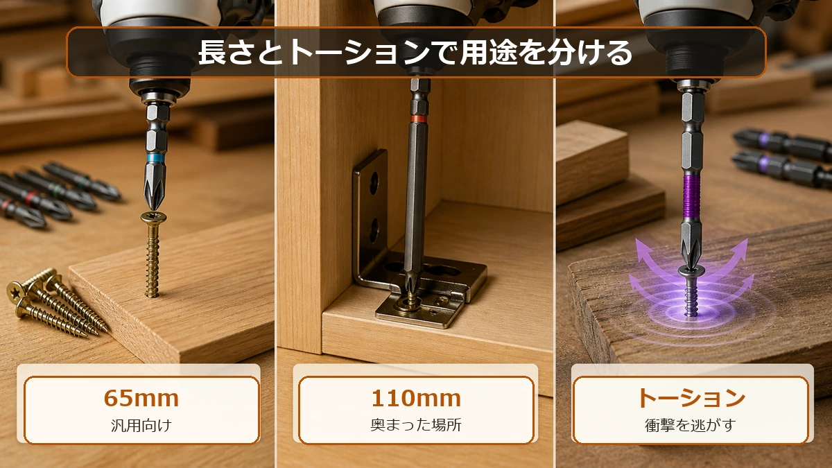 インパクト用ビットは長さとトーションで用途を分ける図解