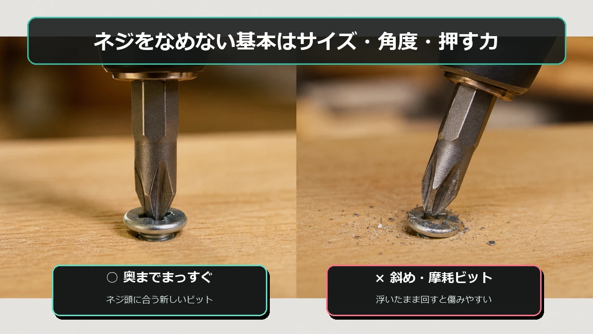 新しいビットをネジ頭へまっすぐ当てる正しい例と摩耗したビットを斜めに当てる悪い例の比較図解
