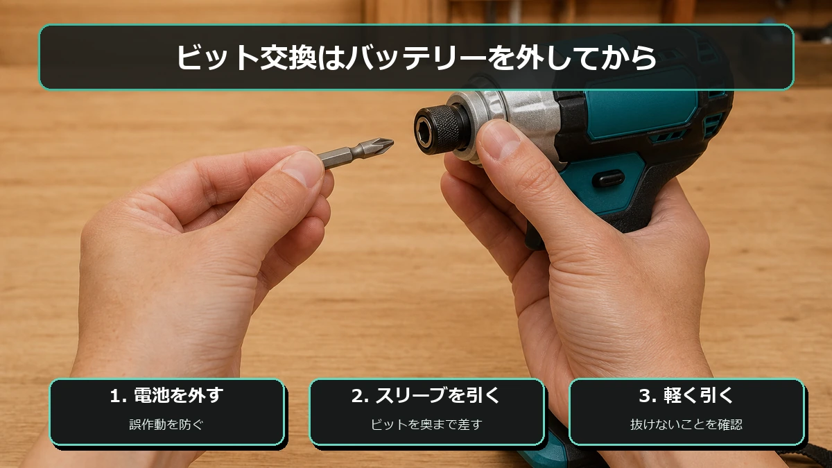 バッテリーを外してスリーブを引きビットを奥まで差して固定を確認する手順の図解