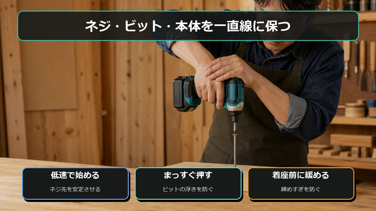 インパクトドライバーをネジへまっすぐ押し付けて低速から締める姿勢の図解