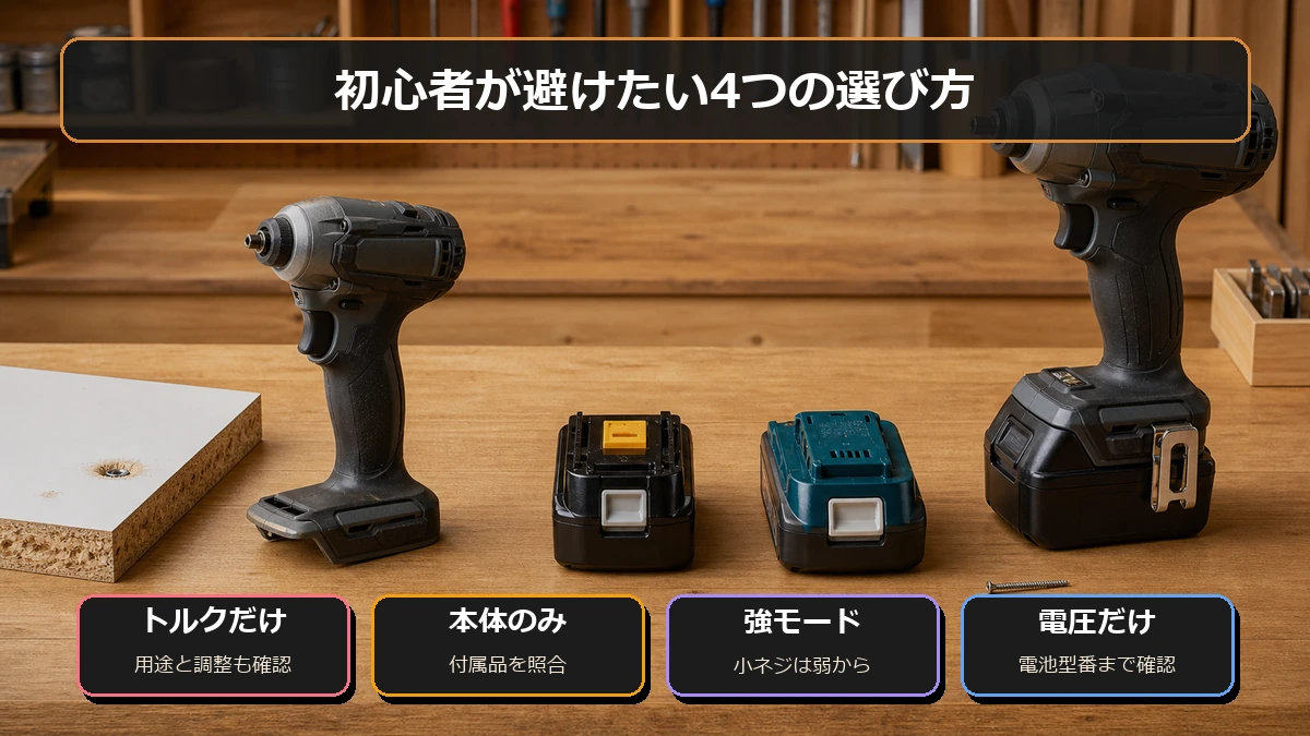 最大トルクだけ、本体のみ、強モード、電圧だけで選ぶ4つの失敗を示す図解