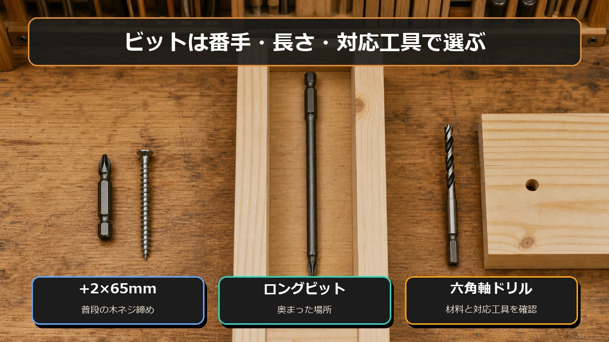 普段の木ネジ用65mm、奥まった場所用ロング、材料に合う六角軸ドリルを選ぶ図解