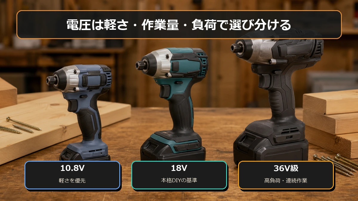 軽さ重視の10.8V、本格DIYの18V、高負荷作業の36V級を用途別に選ぶ図解