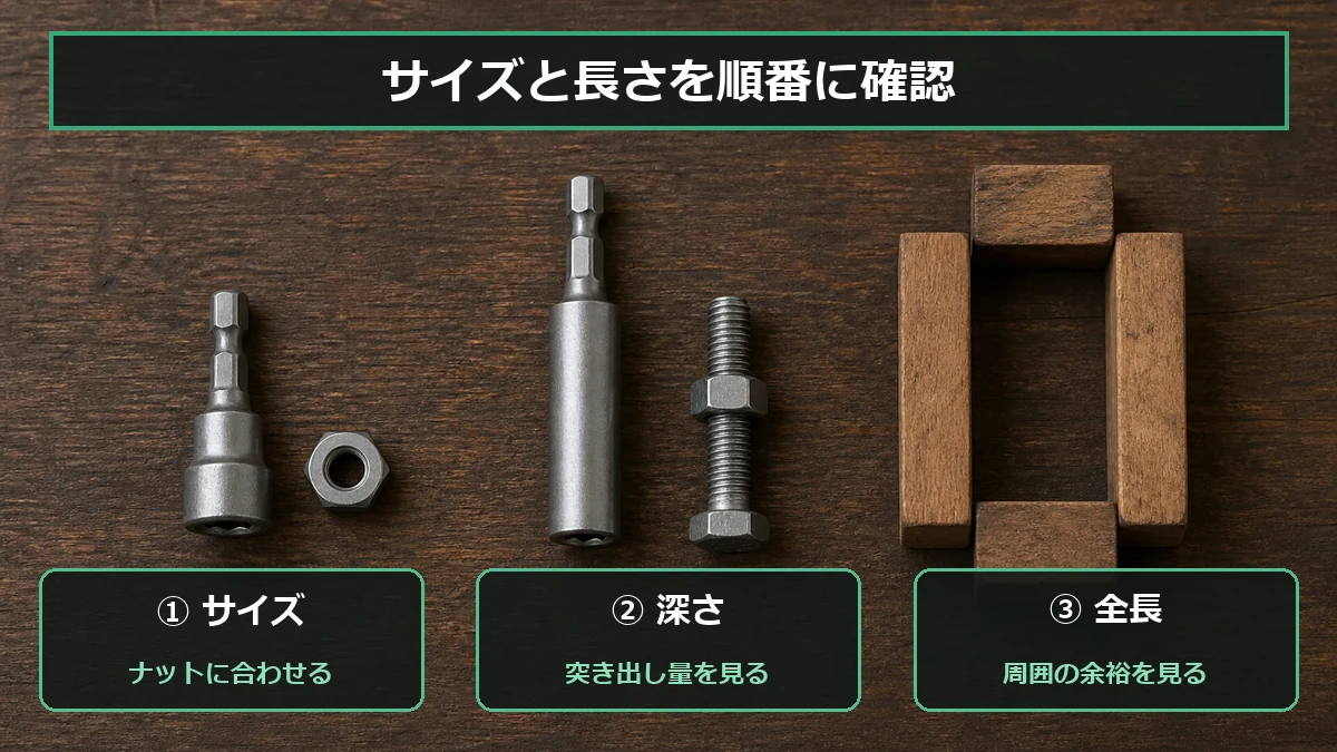 サイズと作業場所に合わせたソケットの選び方を示す図解