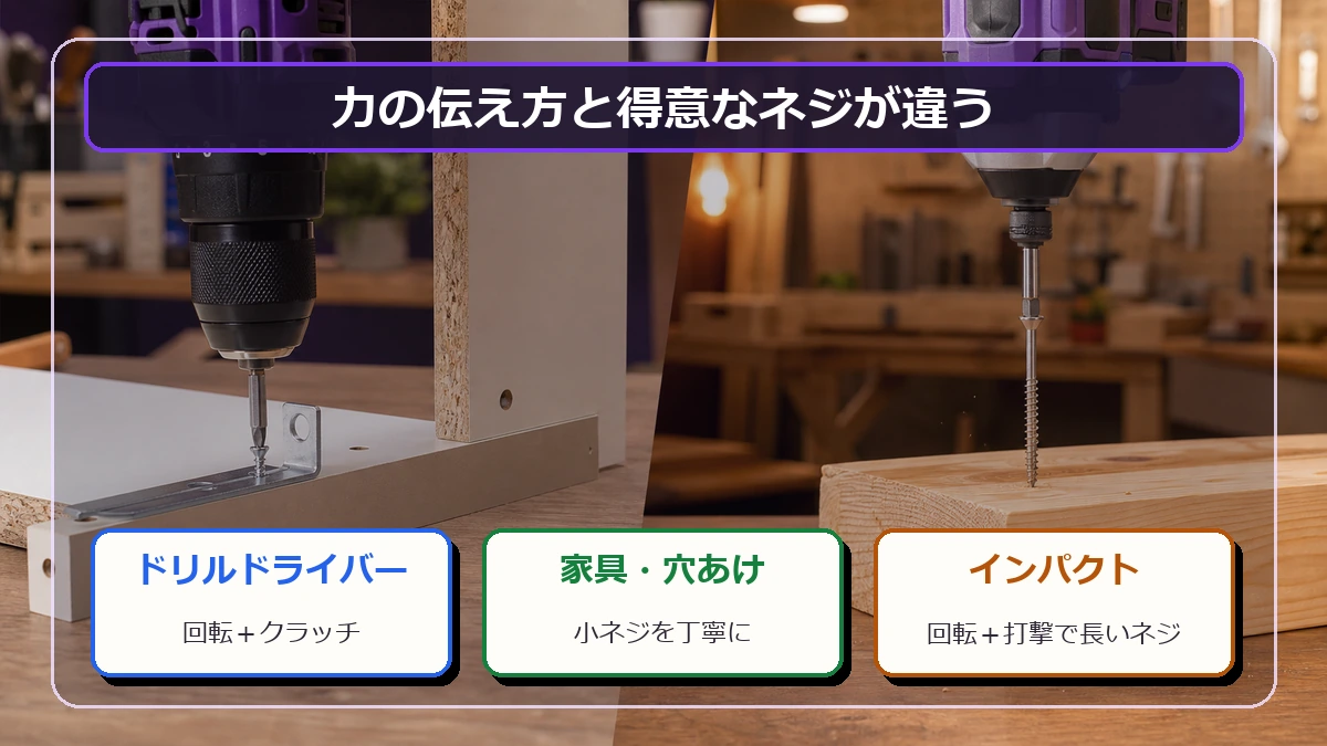 ドリルドライバーは回転とクラッチ、インパクトドライバーは回転と打撃を使う違いを示す図解