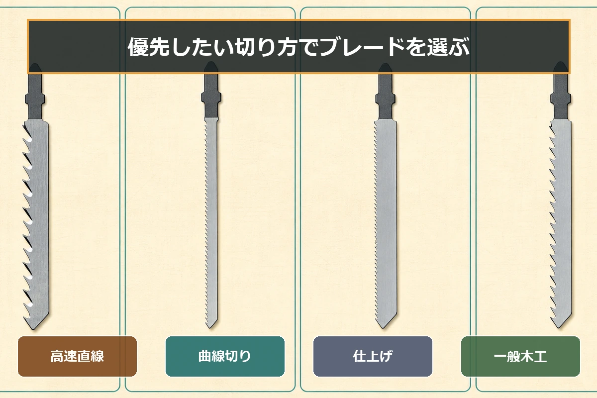 高速直線・曲線・仕上げ・一般木工の4用途に合うジグソー替刃の選び分け