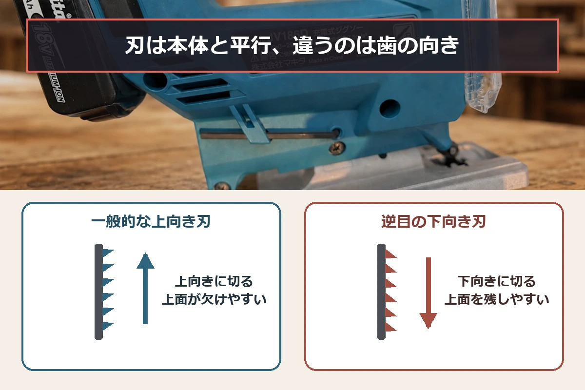 ジグソー本体と刃を正しい向きで示し、一般的な上向き刃と逆目の下向き刃を比較した図解